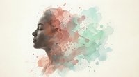 Young African American woman profile silhouette with colorful watercolor paint splashes in coral and mint green tones for creative design projects.