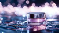 Luxury cosmetic cream jar on water surface with pink and blue bokeh lights background, reflecting glamorous beauty product photography for skincare advertising.