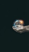 Human hands holding glowing digital Earth globe with network connections on dark background representing global technology and environmental protection.