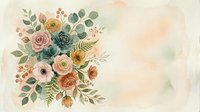 Vintage floral arrangement with roses, ranunculus, and ferns in soft pastels on aged watercolor background for botanical designs and wedding projects.