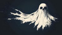 Ghostly white apparition with dark hollow eyes against black background, featuring dramatic paint splash effect and ethereal flowing form. Spooky supernatural artwork.