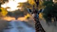 Giraffe head and neck portrait with distinctive spotted pattern against blurred savanna background during golden hour sunset lighting for wildlife photography.