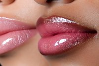 Close up of glossy pink lips with shimmering lip gloss showing two different skin tones, highlighting beauty and cosmetic makeup application techniques.