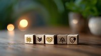 Wooden dice with love symbols and hearts arranged in row on rustic table with soft bokeh lights and green plant background, romantic mood setting.