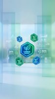 Carbon credit sustainability infographic with hexagonal badges showing environmental data and eco-friendly statistics on modern blue green gradient background.
