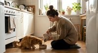 Young woman in cozy sweater feeding orange tabby cat from bowl in modern kitchen interior with natural light and plants on windowsill.