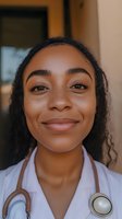 Young African American female medical professional with stethoscope and white coat smiling warmly at camera in natural lighting, expressing confidence and approachability.
