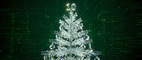 Digital Christmas tree with circuit board patterns and glowing lights on green tech background for holiday technology designs and festive electronics themes.