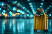 Yellow travel suitcase with fedora hat at airport terminal with blurred blue bokeh lights background, modern luggage in empty hallway at night.