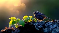 Small blue songbird perched on mossy rock at sunrise, with fresh green leaves and golden bokeh background creating magical forest atmosphere.