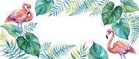 Flamingos and tropical foliage frame a blank white space, perfect for text overlays, invitations, social media posts, and greeting card designs.