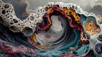 Dramatic ocean wave with vibrant colors and foam textures creates surreal seascape featuring swirling patterns, dark storm clouds and ethereal underwater formations.