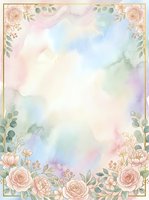 Watercolor floral frame with soft pastel roses and botanical elements in corners, featuring blended pink, blue, green, and purple washes. Isolated on white background, ready for invitations, cards, and design projects.