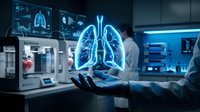 Doctor examining holographic lung anatomy in modern medical laboratory with digital health technology for respiratory system diagnosis and treatment.