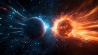 Cosmic collision between fiery sun and blue planet in deep space, dramatic light effects with orange and blue energy rays against starry background.