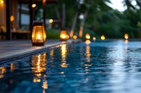 Glowing lanterns illuminate swimming pool edge at dusk, creating romantic ambiance with warm light reflections on calm blue water surface. For luxury resort advertising.