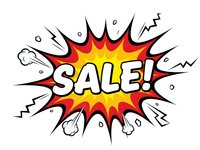 Comic book style explosion burst with SALE text in bold letters, red and yellow colors on white background for promotional marketing materials.