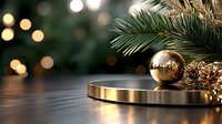 Elegant golden podium with Christmas ornaments and pine branches on wooden surface with warm bokeh lights background for luxury product display.