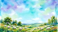 Watercolor pastoral landscape with grazing sheep in rolling green hills, wildflower meadows, and distant mountains under soft cloudy sky. Suitable for home decor, greeting cards, and nature-themed designs.