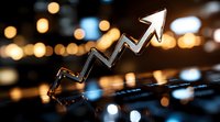Upward trending arrow with bokeh lights background reflecting on glossy surface, representing growth, success and financial market progress.