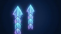 Neon glowing arrow symbols pointing upward on dark background, representing growth, progress, and success in business and technology concepts.
