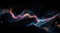 Glowing wave of pink and blue particles flowing through dark space with sparkling light effects and bokeh elements creating dynamic motion background.