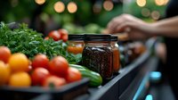 Fresh organic produce and homemade preserves on dark wooden table with blurred bokeh background. Tomatoes, herbs and canning jar create rustic kitchen scene.