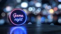 Glowing neon game night sign with blue and pink colors against dark background with bokeh lights and reflection on glossy surface. For party invitation design.