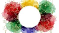 Colorful watercolor background with ornate decorative elements and white circle frame for text or design placement on transparent background.