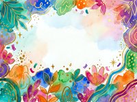 Vibrant watercolor floral frame with colorful blooms, leaves, and decorative elements on white background. Isolated design ready for invitations, cards, posters, and creative projects.
