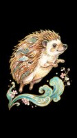 Decorative hedgehog with ornamental spines featuring gold and turquoise patterns, accompanied by floral flourishes. Isolated on transparent background, ready for t-shirts, stickers, clipart, and print-on-demand designs.