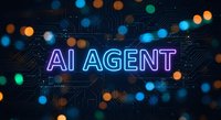 Futuristic neon AI AGENT text glowing over digital circuit board background with colorful bokeh lights for technology and artificial intelligence concepts.