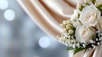 White roses and baby's breath bouquet against soft beige silk drapery with bokeh lights background creates romantic wedding atmosphere.