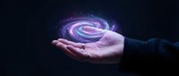 Businessman hand holding glowing spiral galaxy with purple and pink cosmic energy against dark space background for technology and innovation concepts.