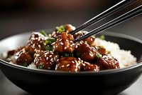 Glazed chicken pieces with sesame seeds served over steamed white rice in black bowl, garnished with green onions, close up view with chopsticks.