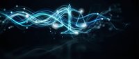Glowing blue digital scales of justice with flowing energy waves and light particles on dark background for legal technology and law firm branding concepts.