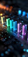 Glowing rainbow LED indicators on electronic circuit board with gradient color transition from yellow to purple, macro photography showing technical details.