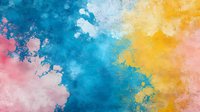 Vibrant watercolor splash background in blue, yellow and pink tones creates abstract artistic texture with fluid color transitions and soft blending effects.