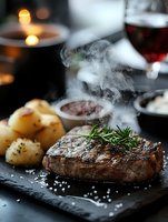 Grilled beef steak with rosemary and steam on slate plate, served with potatoes and red wine for fine dining restaurant menu.