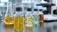 Laboratory glassware with colorful liquid samples in yellow, blue and amber on modern lab table with microscope in background, scientific research concept.