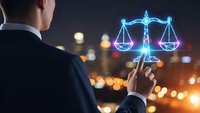 Businessman holding smartphone with glowing digital scales of justice hologram against blurred city lights at night representing legal technology.