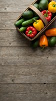 Fresh organic vegetables in wooden crate on rustic wooden table. Avocados, cucumbers, bell peppers and tomatoes arranged for healthy cooking and nutrition content.