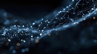 Abstract digital network visualization with glowing blue connection points and lines against dark background, representing technology and data flow.