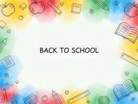 Colorful back to school background with educational supplies border frame including books, pencils, apples and geometric shapes on gradient backdrop.