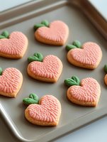 Heart-shaped peach cookies with textured pink icing and green leaf details arranged on baking sheet for Valentine's Day desserts and romantic treats.