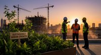 Three diverse construction workers in safety gear discussing sustainable urban development project at sunset with cranes and city skyline backdrop.