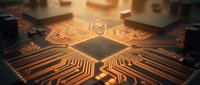 Close-up of golden circuit board with intricate copper traces and central processor chip showcasing advanced electronic technology and microelectronics design.