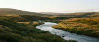 Winding river flows through vast moorland valley with golden grassland and rolling hills under overcast sky, suitable for travel and nature publications.