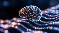 Glowing digital brain floating over abstract wave pattern with blue light trails and bokeh effects on dark background, representing artificial intelligence.