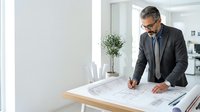Middle-aged male professional with gray hair and beard wearing dark blazer and blue shirt reviewing architectural blueprints at wooden desk in modern office space.